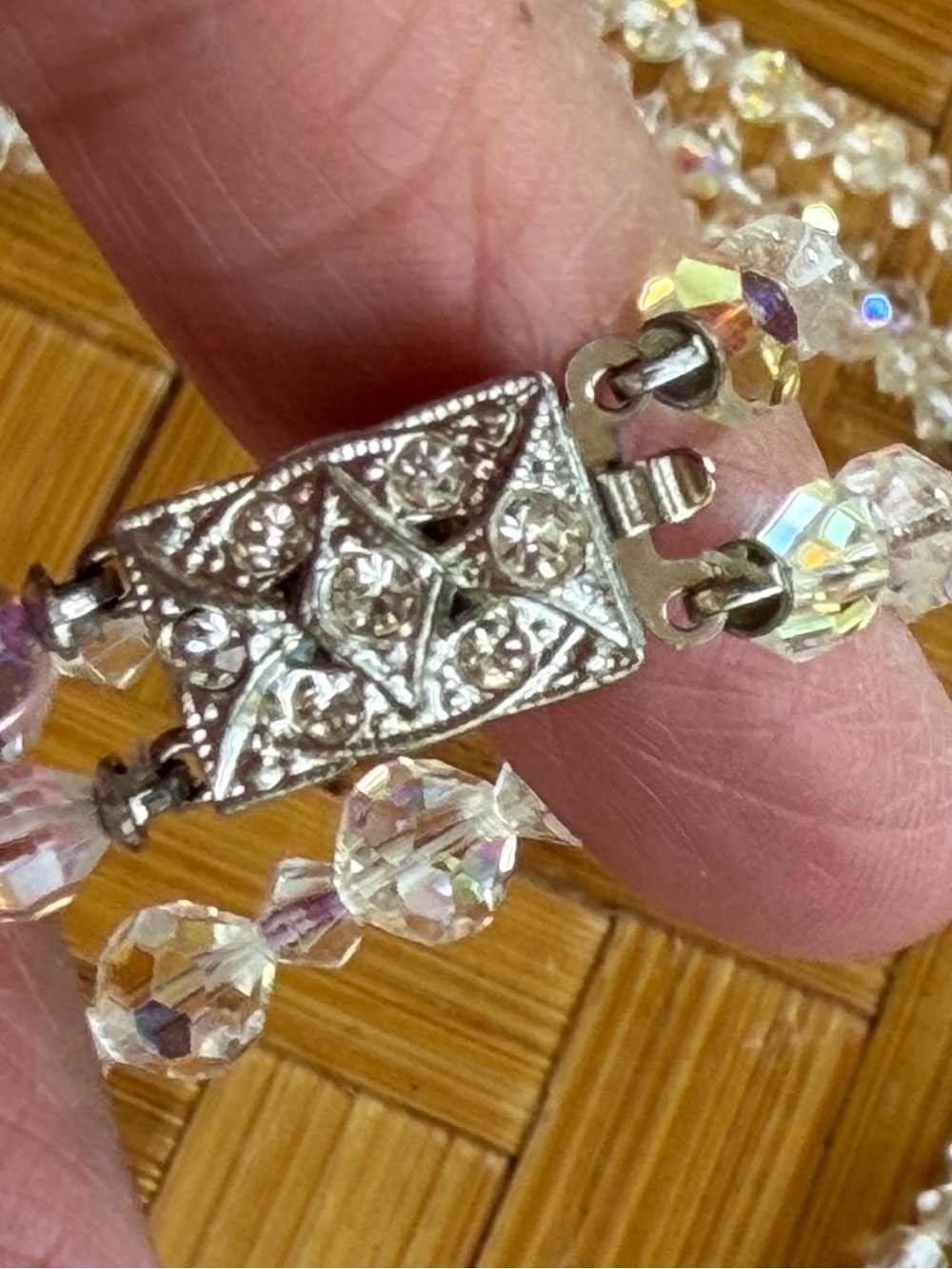Vintage AB Crystal Necklace Bracelet Set Triple Strand Faceted Beads Bridal - Picture 8 of 10